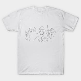 Four members with Salvador Dalí masks, red suits, mustache and machine guns as a black outline sketch money heist (vers. 1) T-Shirt